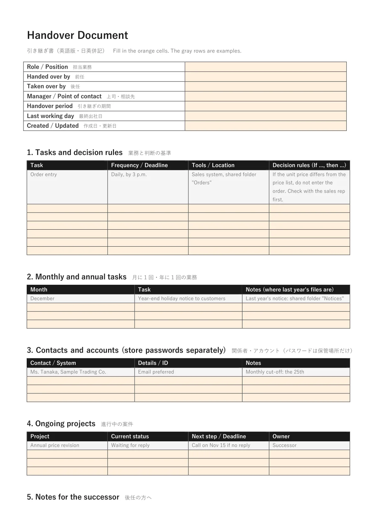英語の引き継ぎ書（Handover Document）のプレビュー