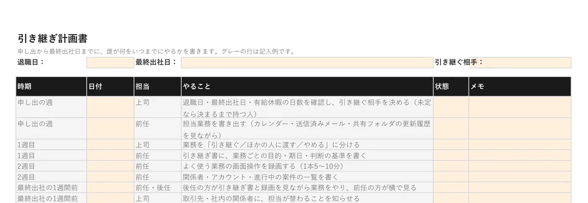 引き継ぎ計画書・チェックリストのプレビュー