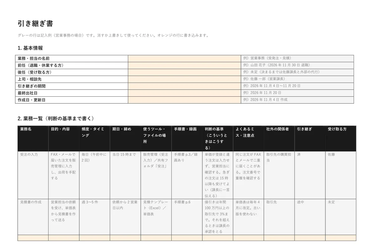 引き継ぎ書テンプレートのプレビュー